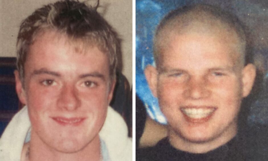 Picture shows Russell Horne on left and Steven Reid on the right. Both boys were memorialised on the seat until Storm Babet destroyed the memorial bench.