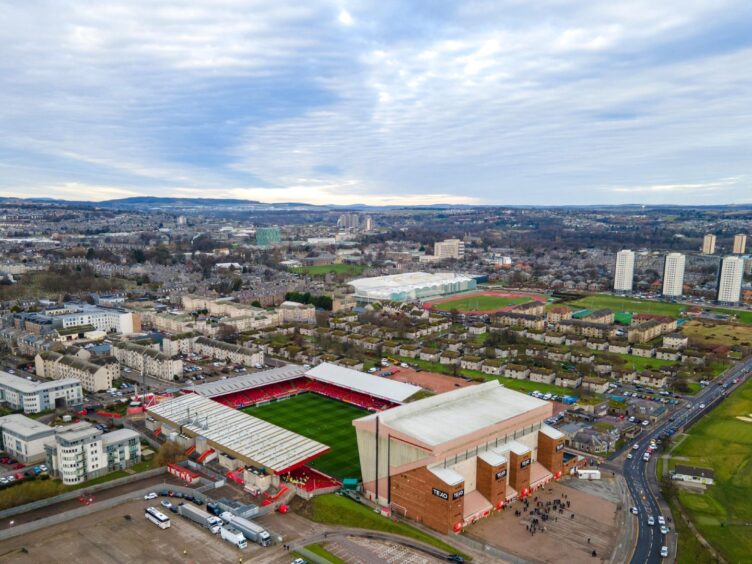 Aerial view of Pittodrie Stadium, home of Aberdeen FC.