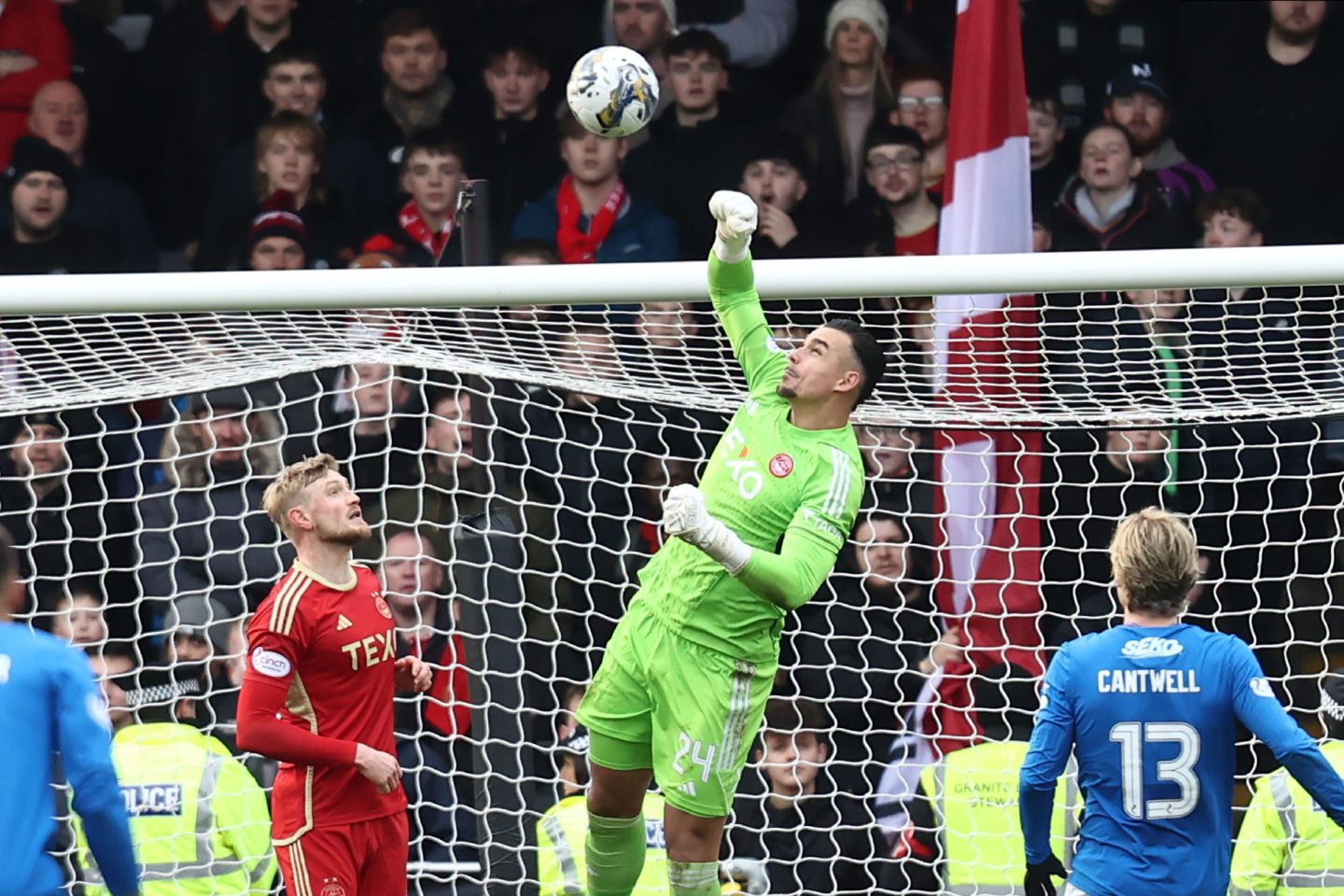 Aberdeen keeper Kelle Roos saves against Rangers at Pittodrie. Image: Shutterstock 