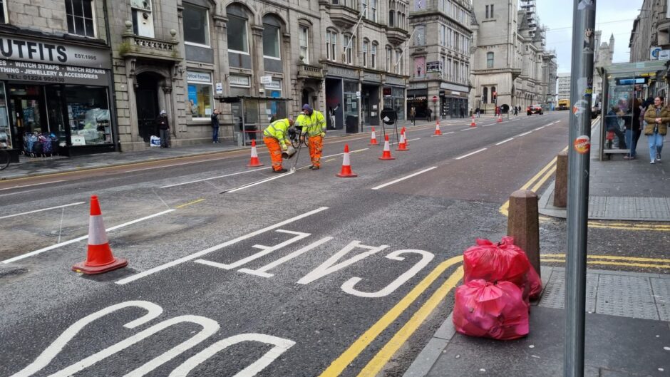 New road marking being added on the bus priority route on Union Street