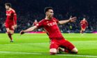 Bojan Miovski celebrates making it 1-0 to Aberdeen at Hampden. Image: SNS