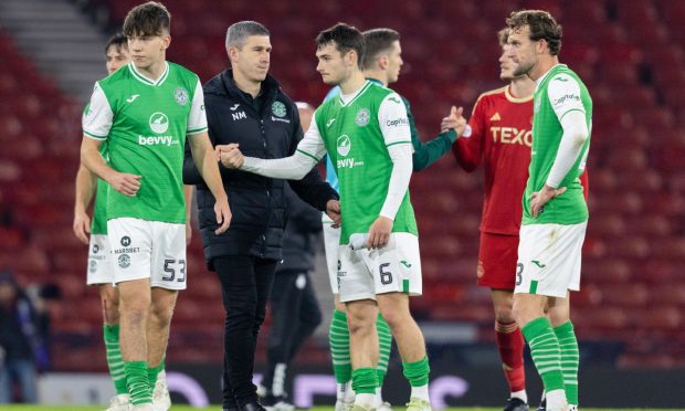 Hibs manager Nick Montgomery at full-time after the Viaplay Cup semi-final loss to Aberdeen. Image: SNS.