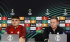 Aberdeen's Dante Polvara and manager Barry Robson during the pre-match press conference for PAOK. Image: SNS