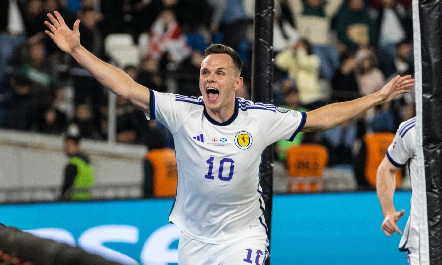 Scotland's Lawrence Shankland celebrates after scoring to make it 2-2 during the Uefa Euro 2024 qualifier in Georgia.