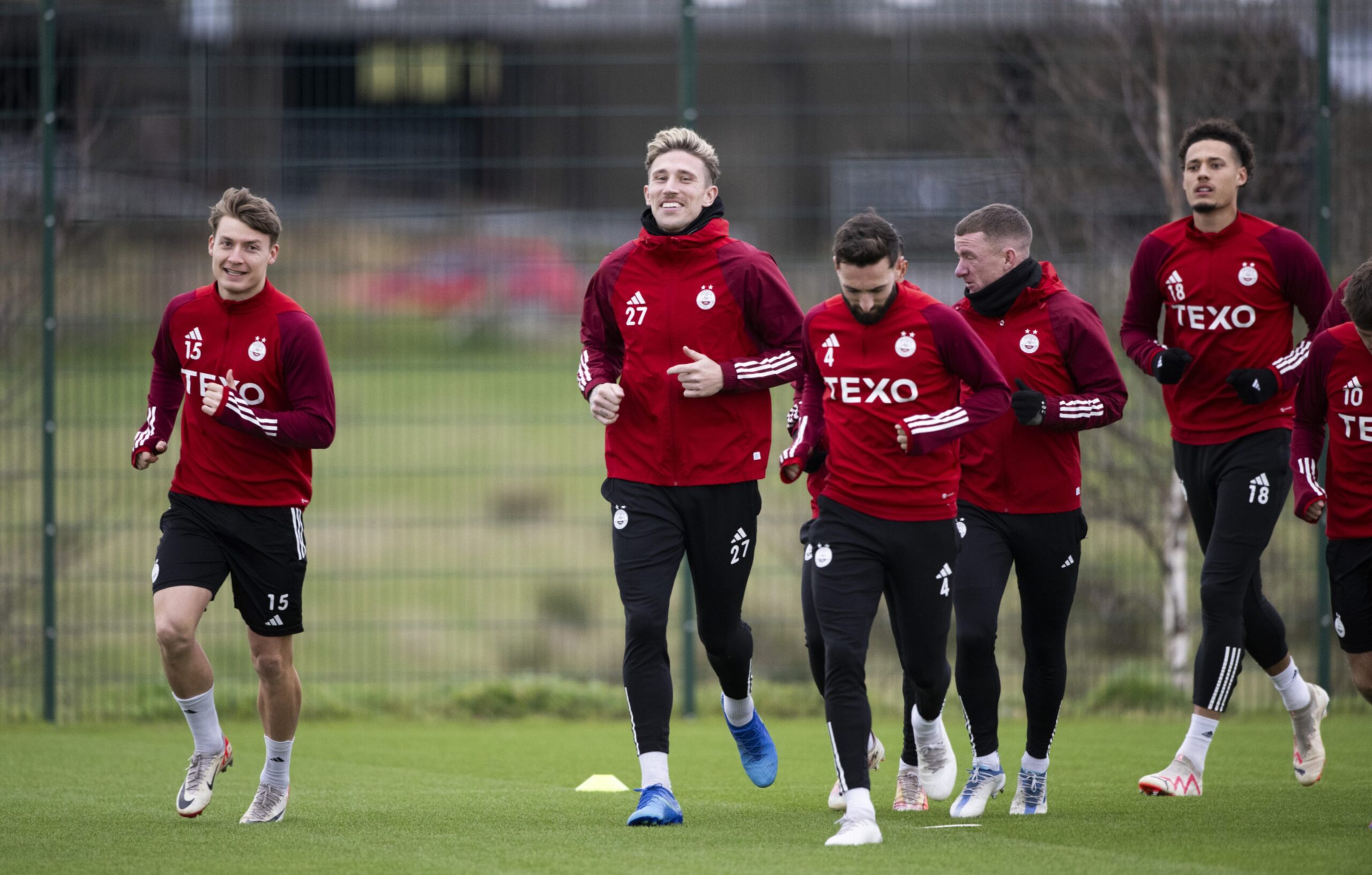  James McGarry, Angus MacDonald, Graeme Shinnie, Johnny Hayes and Rhys Williams during an Aberdeen training session at Cormack Park, on November 22, 2023. Image: SNS 