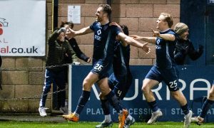 Jordan White celebrates netting the winner against St Mirren. Image: SNS