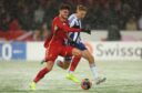 HJK's Topi Keskinen and Aberdeen's Dante Polvara in action in the Europa Conference League at the Bolt Arena, Helsinki, last season. Image: SNS.