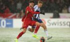 HJK's Topi Keskinen and Aberdeen's Dante Polvara in action in the Europa Conference League at the Bolt Arena, Helsinki, last season. Image: SNS.