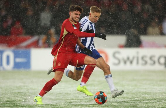 HJK's Topi Keskinen and Aberdeen's Dante Polvara in action in the Europa Conference League at the Bolt Arena, Helsinki, last season. Image: SNS.