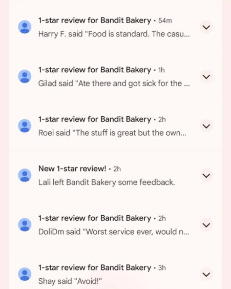 Some of the negative reviews Bandit Bakery received.