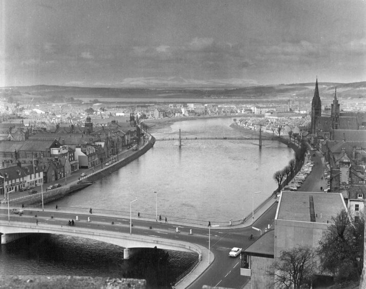 A photo of Inverness in Winter of 1966 from the Castle Esplanade, showing the river Ness as it runs through the centre of town.