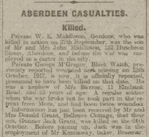 List of war casualties printed in Aberdeen Journals during World War One.