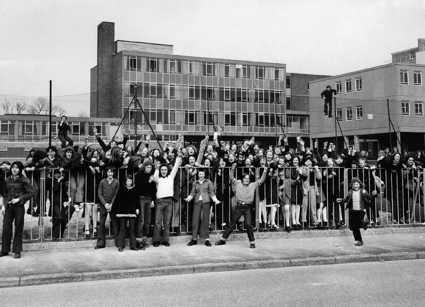 Pupils after they had walked out of the school for a second time in protest over the suspension of Mr Mackenzie in 1974.