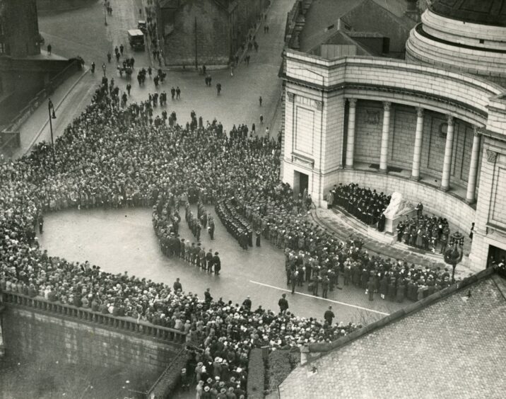 The Armistice Day Parade gathers at the Cowdray Hall War Memorial in Aberdeen in 1928.