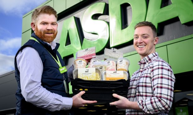 Hebridean Food Company managing director Douglas Stewart, right, celebrates his new supply deal with Asda Blantyre store manager Andy Claase.
