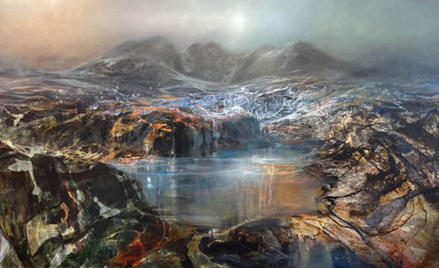 One of Beth Robertson Fiddes' paintings including a lake and mountains