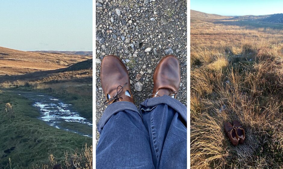 Historian Jo Watson wearing the recreated Betty Burke shoes while walking to the fishing bothy at Reuval, Benbecula, where Bonnie Prince Charlie made his escape with Flora MacDonald.