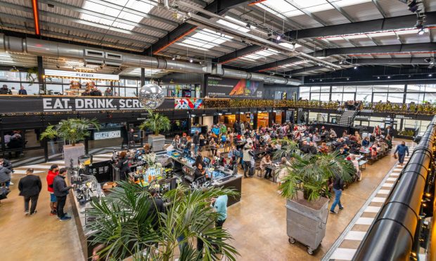 Image shows the food court Boxpark at Wembley stadium, London.
