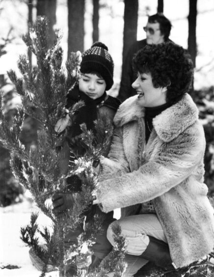 A boy and his mum picking out a christmas tree at Kirkhill Forest