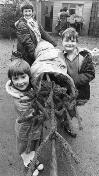 Children and a woman holding a tall Christmas tree from Kirkhill Forest