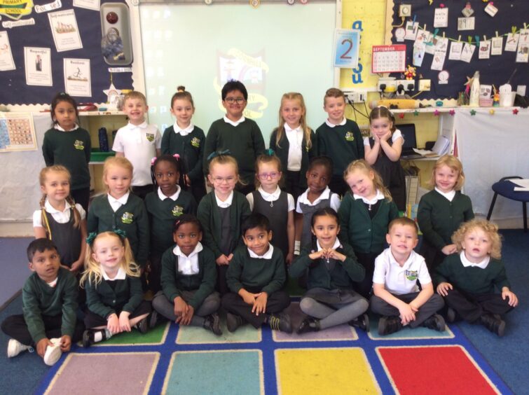 First Class of 2023 at Cornhill Primary School in Aberdeen. Two rows of seven and three rows of eight pupils.