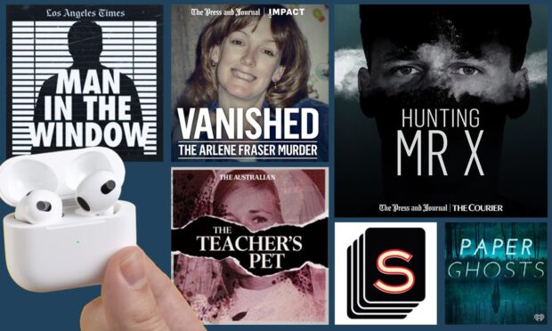 A hand holding airpods and artwork for true crime podcasts including Hunting Mr X, Man in the Window, The Dating Game Killer, The Teacher's Pet and Serial.