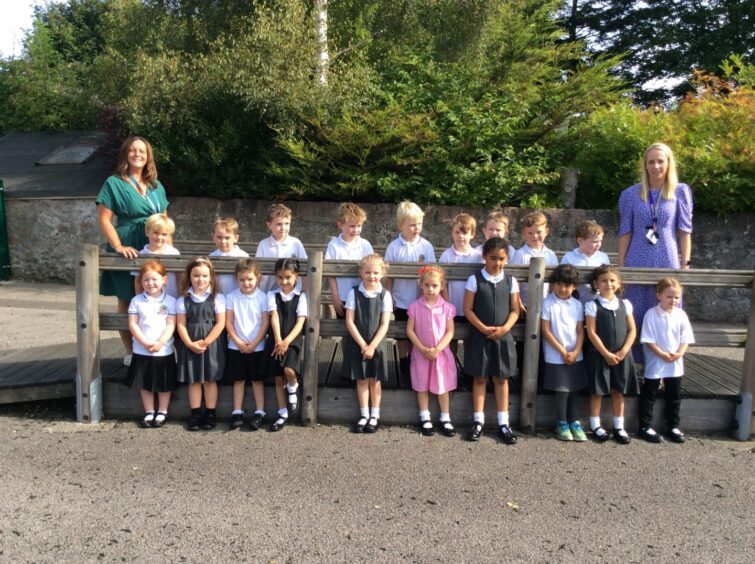 Pupils of 2023's first class P1W with Mrs Williams and Mrs Davidson at Culter School in Aberdeen