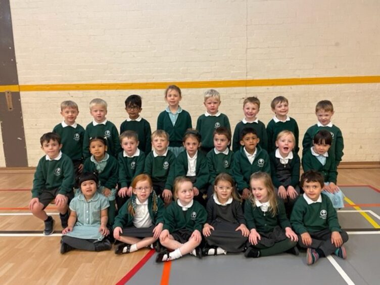 Class P1GD in rows in Cults Primary School's gym hall