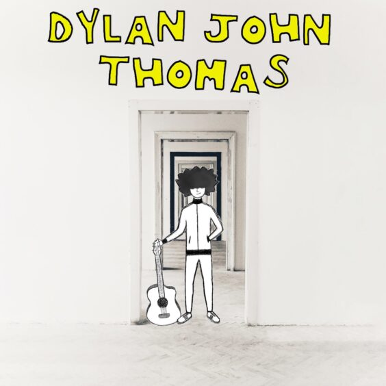 The cover of Dylan's latest single, with yellow text reading 'Dylan John Thomas' and a sketch of him and his guitar standing in a doorway, a series of other doorways behind him
