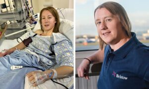 Debbie Stewart recovers in hospital, left, after donating a kidney. The Bristow Helicopters planning manager wants more people to know about altruistic donations. Image: Debbie Stewart/DC Thomson/Kath Flannery