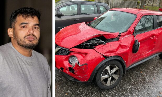 A photo of Dibu John, drink-driver next to an image of his car after the Aberdeen bus crash