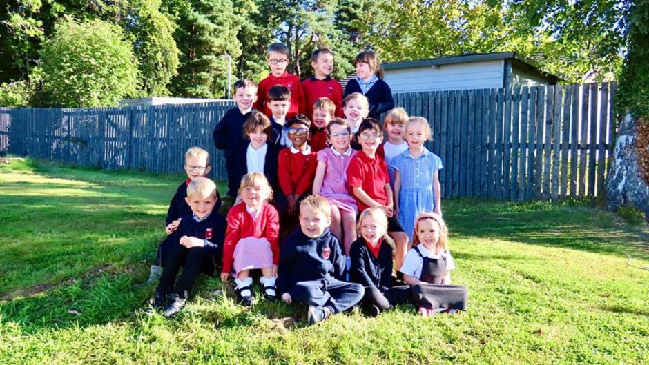Pupils from Dingwall Primary School grouped together outside