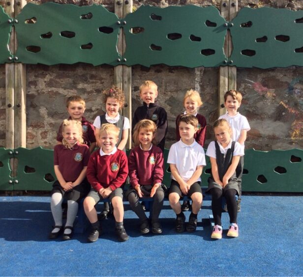 First class of 2023 at Dunnottar Primary School in Aberdeenshire, pictured in the playground