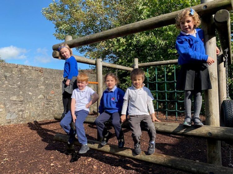 Durris Primary School pupils on the wooden playground playset