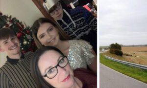 Dylan Irvine, left, with sister Morgan, mum Amanda and brother Kian, and the A90 crash scene, right. Images: Irvine family handout/DC Thomson