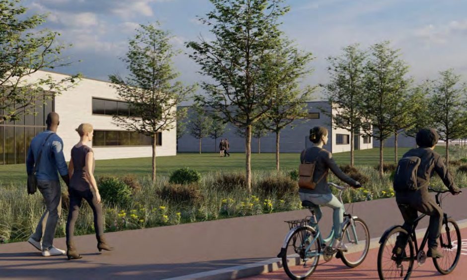 An impression of the campus with people walking and riding bikes along the road beside it