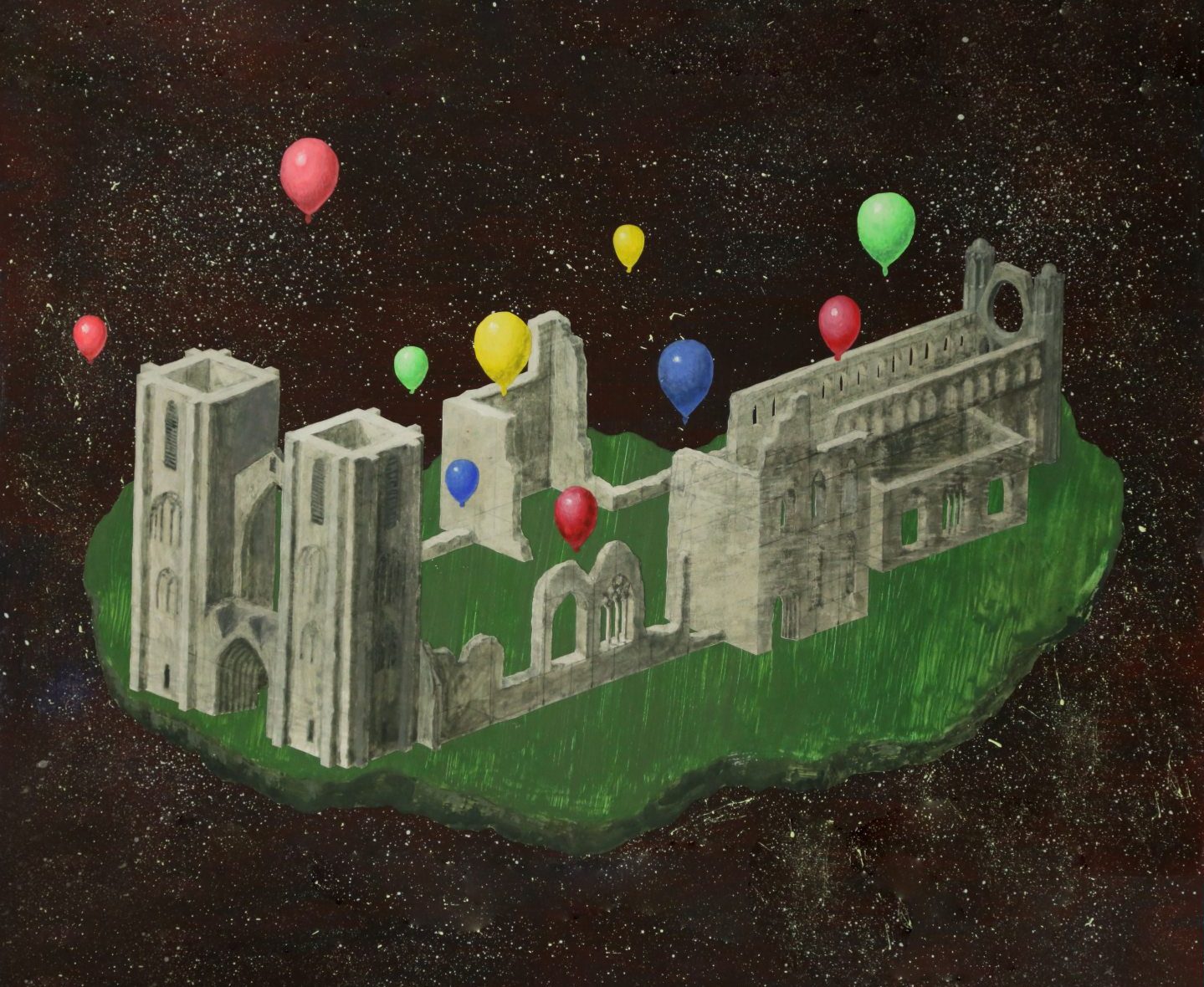 Cartoon drawing of Elgin Cathedral with balloons. 