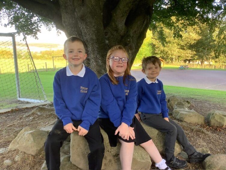 Forgue Primary School's three primary 1 pupils sitting under a tree