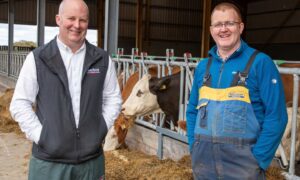 Scott Taylor of Haddo Estate, pictured with Harbro's local beef and sheep specialist David McCartney.