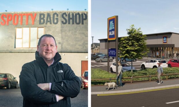 Image shows Des Cheyne on the left and the design for the proposed new Aldi shop in Macduff.