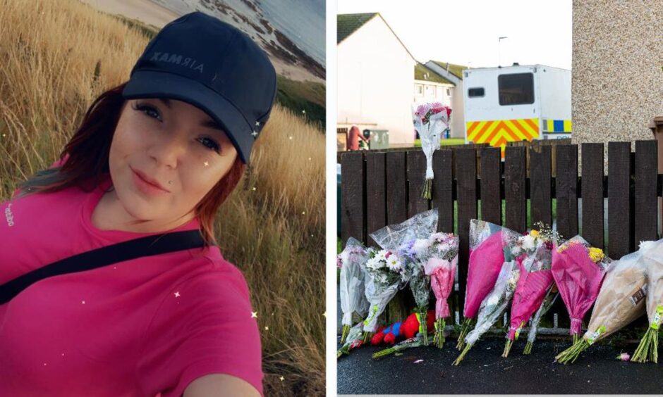 Floral tributes outside Kiesha Donaghy's home in New Elgin.