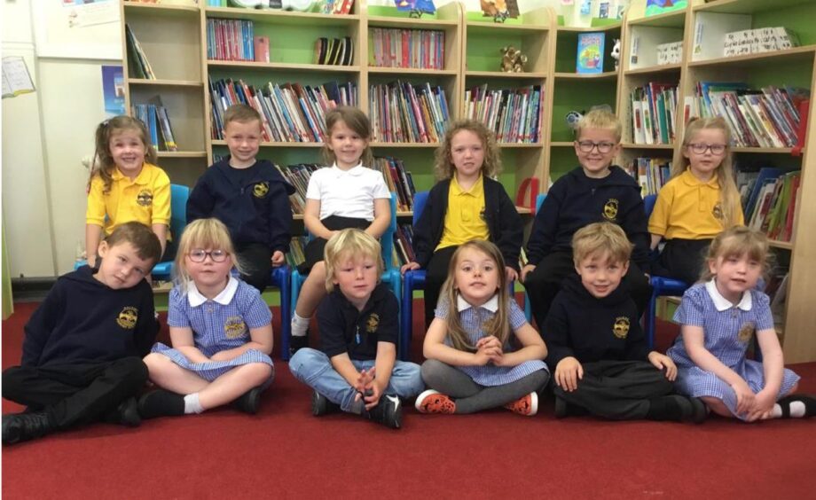 Hallkirk Primary School's first class in the library of the school
