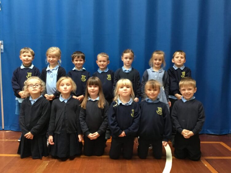 First class of 2023 at Hopeman Primary School in Moray in two rows in the PE hall in front of a blue curtain