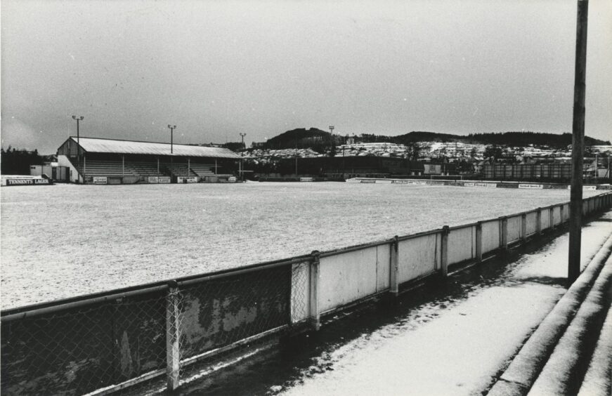 The Inverness Caledonian Thistle ground in winter 1990, with snow on the ground.