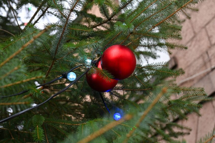 Baubles on Christmas tree in Stonehaven.