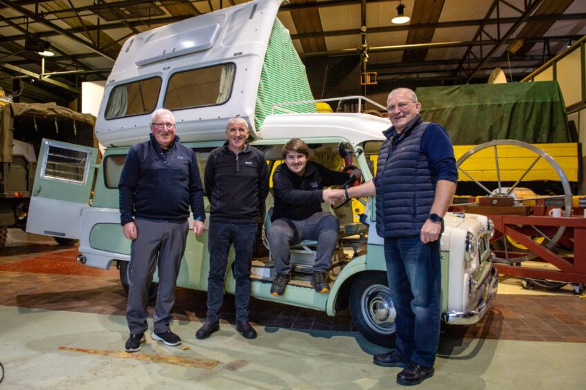 Brothers Jimmy, Richard and Ian Stuart with Nick Webb from the Grampian Transport Museum