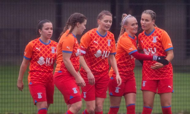 Caley Thistle Women celebrate scoring in their SWF Championship win over Westdyke.
