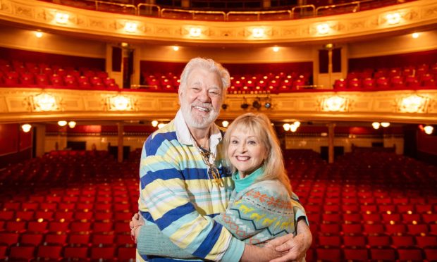 Matthew Kelly and Liza Goddard embracing one another at His Majesty's Theatre.