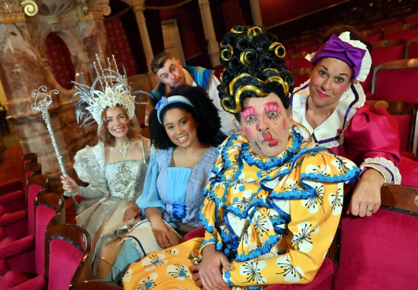 Photo of the main cast of Beauty And The Beast, the HMT panto. Pictured - PJ Corrigan (top), Laura Main, Danielle Jam, Alan McHugh and Joyce Falconer.