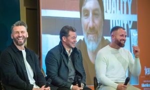 Former Aberdeen players Lee Miller, Derek Young, Josh Walker and Jamie Smith (from the US) at the Chester Hotel for The Press and Journal and Evening Express subscribers' event on Tuesday night. Image: Kami Thomson/DC Thomson.